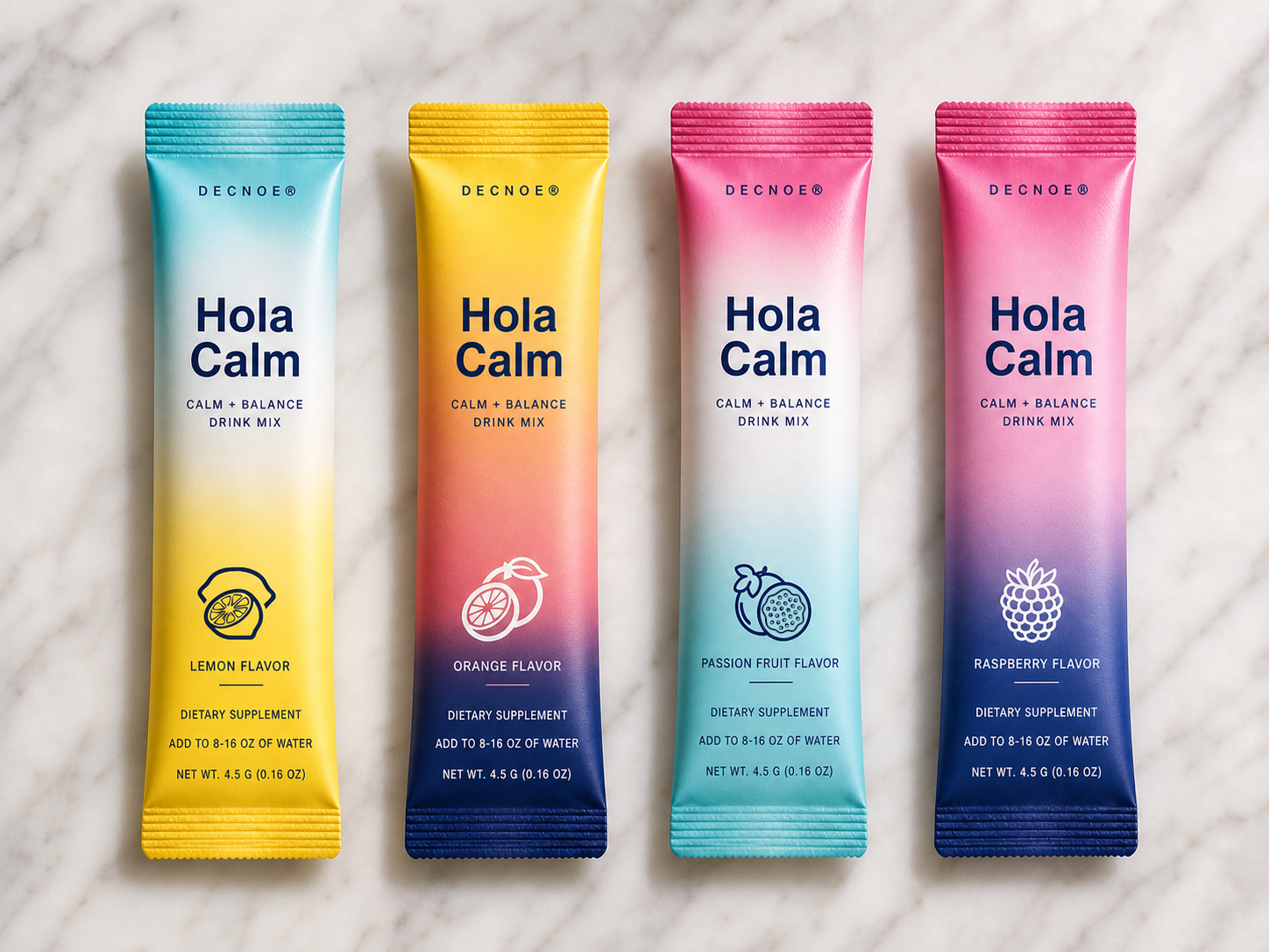 Four Hola Calm drink mix stick packs in lemon, orange, passion fruit, and raspberry flavors